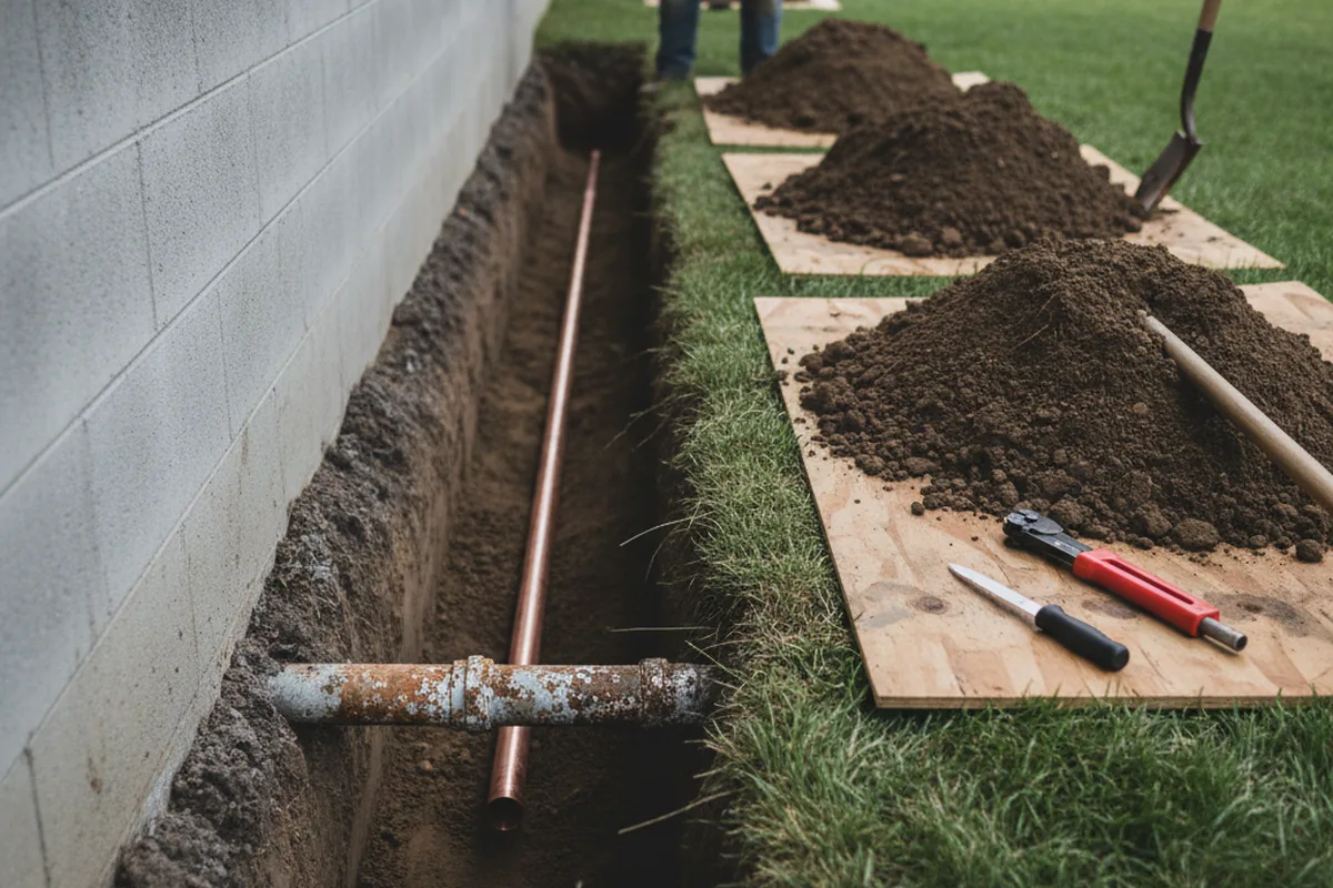 Excavated water line trench during Sewer Line Repair in Taneyville